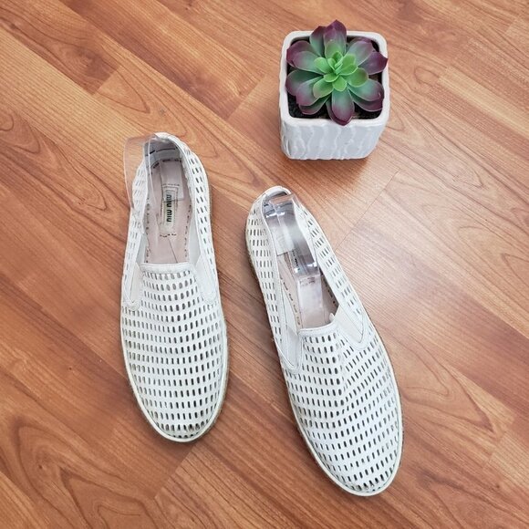 Miu Miu Leather Mesh Platform Espadrilles White Slip On Sz 40 - Picture 2 of 10